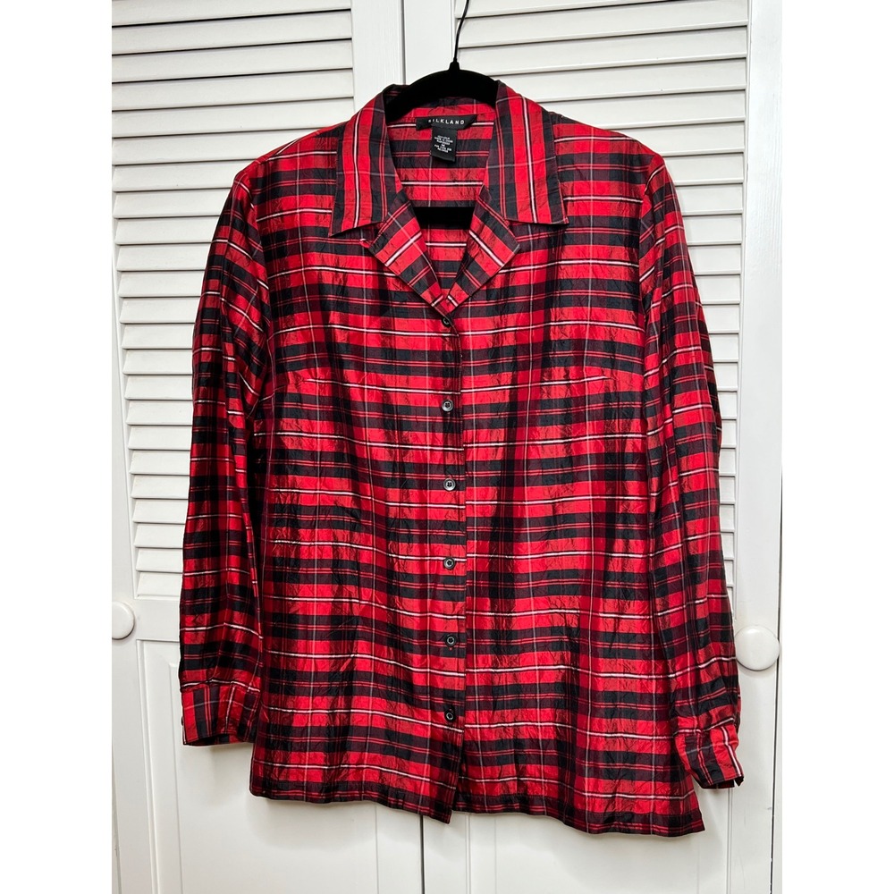 100% Silk Plaid Shirt Womens M Red Black Tartan Blouse Vintage